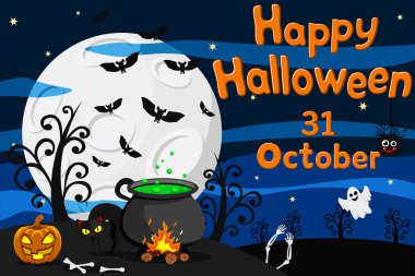 Kedi, iksir ve gece arkaplanda parlayan balkabağı. Mutlu Cadılar Bayramı