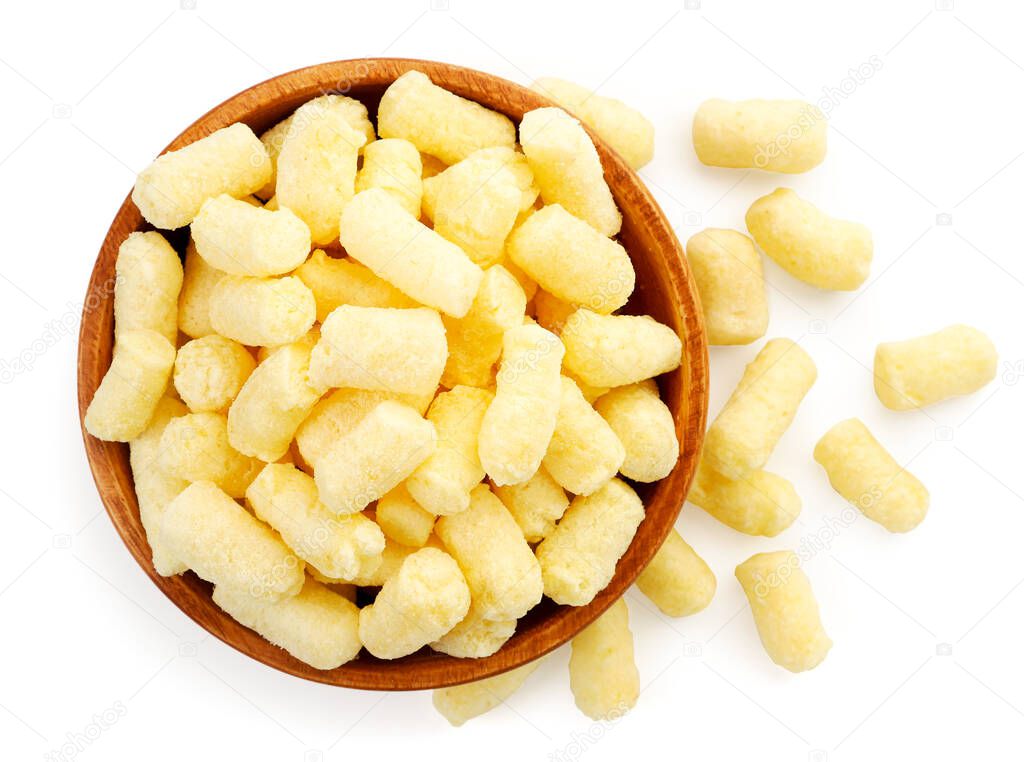 Corn sticks in a plate on a white background, isolated. Top view