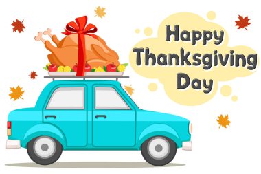 Thanksgiving Day. Car driving roast turkey on white background clipart