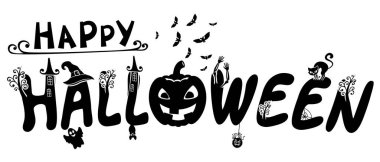 Beyaz arkaplanda tatil unsurları olan Cadılar Bayramı yazı tipi kutlu olsun