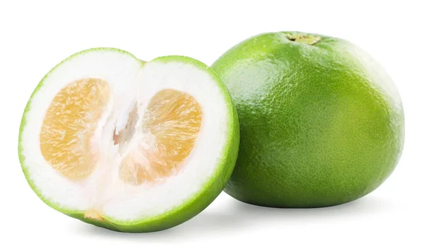 Exotisk Frukt Oroblanco Hela Och Halv Närbild Vit Bakgrund Isolerad — Stockfoto