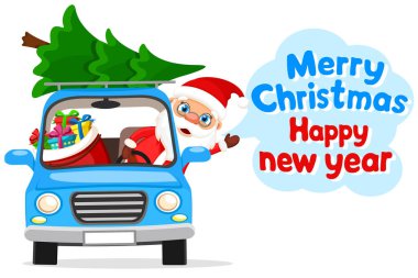 Noel Baba hediyelerle dolu bir araba ve beyaz arka planda bir Noel ağacı kullanıyor. Mutlu Noeller ve mutlu yıllar, kopyalama alanı