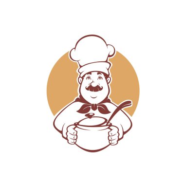 bir çorba kazanı, vektör çizim logo, etiket, maskot için tutan mutlu karikatür Şef