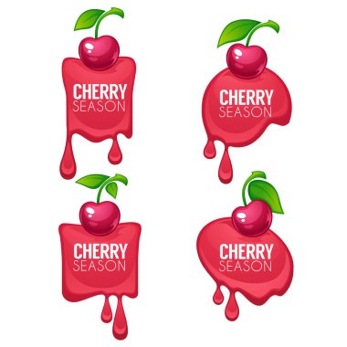 Kiraz sezonu, Parlatıcı ve parlak suyu çıkartma ve metniniz için kiraz berry sembolleri vektör toplama