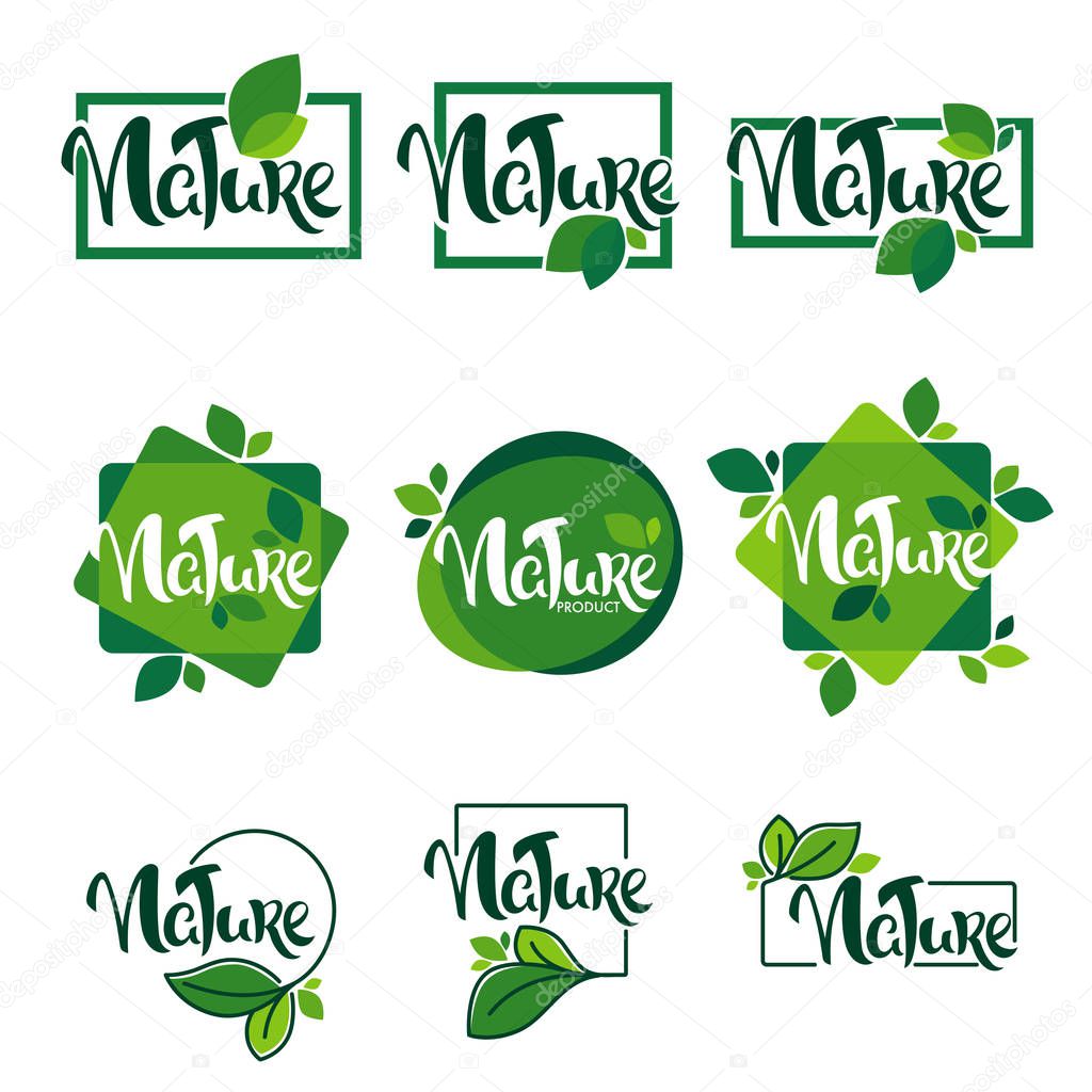 Large vector collection of lettering  nature and organic leaves and plants emblems, elements,  frames and logo