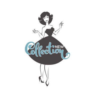 Yeni koleksiyon gelenler, yeni tarzı kız, vektör retro Bayan logo, etiket, amblem için bak