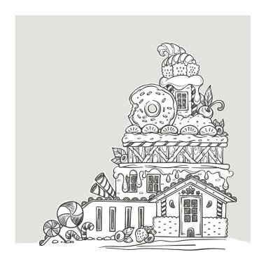 Gingerbread House, Lovely karikatür Kalesi, tatlılar, şeker ve Cookines, sayfa boyama kitabı için yapılan
