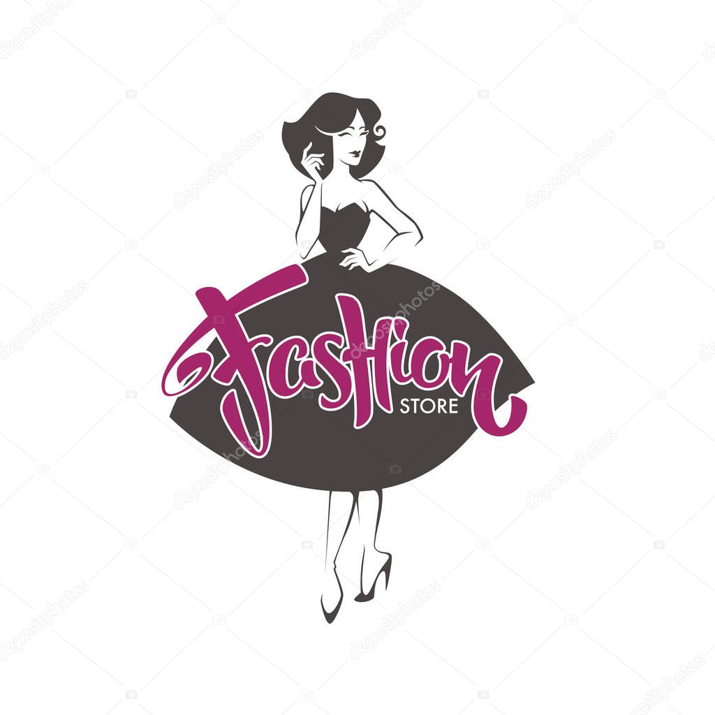Fashion Store, new look style girl, vector retro lady for your logo, label, emblem