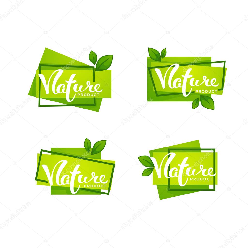 Nature Product, Handdrawn Lettering and Bright Green Leaves, Labels Collection