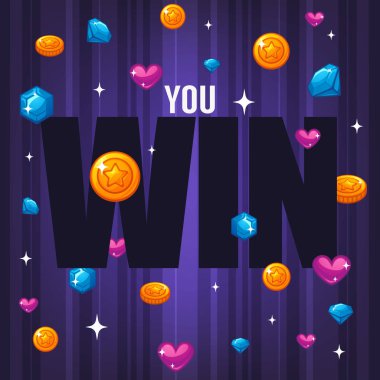 Sen kazandın, kutlama parlak ve parlak afiş ile menekşe arka plan üzerinde kalp, yıldız, taşlar, sikke ve yazı oluşturma