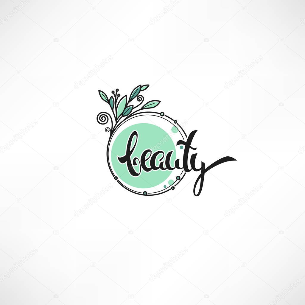 Doodle flowers emblems frames and logo with beauty studio lettering composition