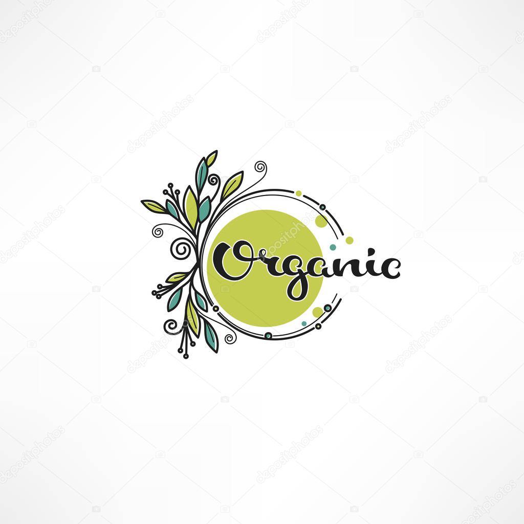 Doodle eco, bio, nature and organic leaves and plants emblem, element,  frame and logo with handdrawn lettering