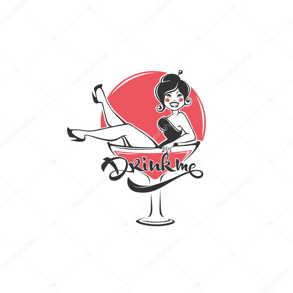 Drink Me, sexy pinup girl sitting in martini glass and lettering composition