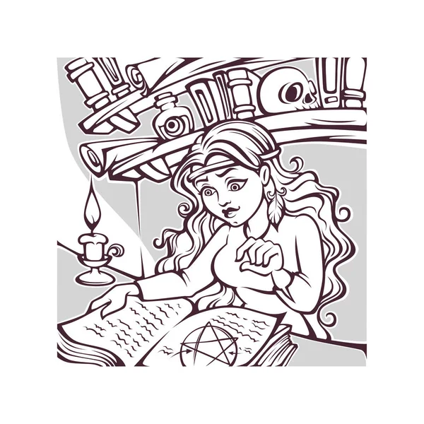マルコ ポーロ ダバオ魔女 魔法の本 ハロウィンの塗り絵のページを読んで若い女性 — ストックベクタ
