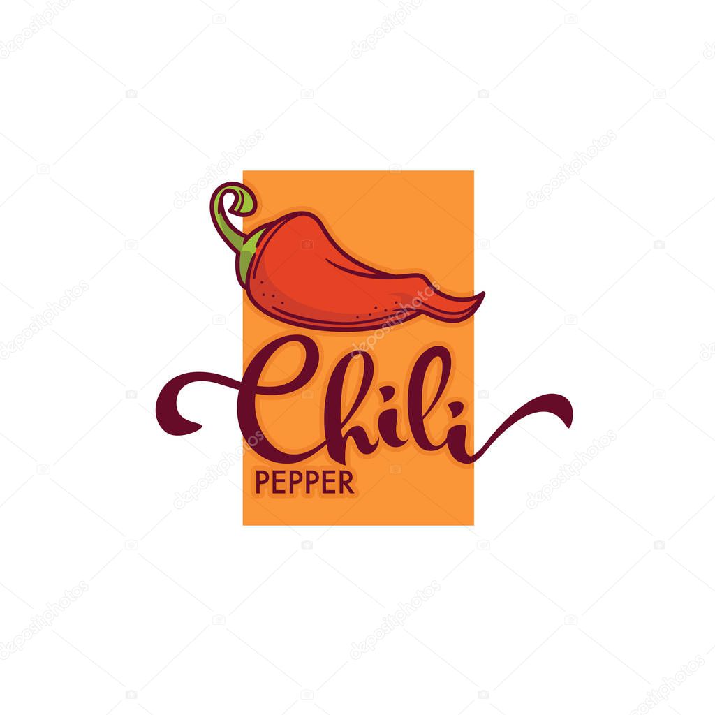 Hot chili pepper logo, icon and emblem, with hand drawn lettering composition