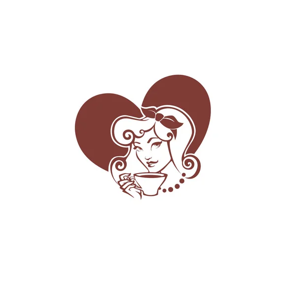 お茶やコーヒー レストラン カフェ 紅茶会社のロゴと美容ピンナップ女性 — ストックベクタ