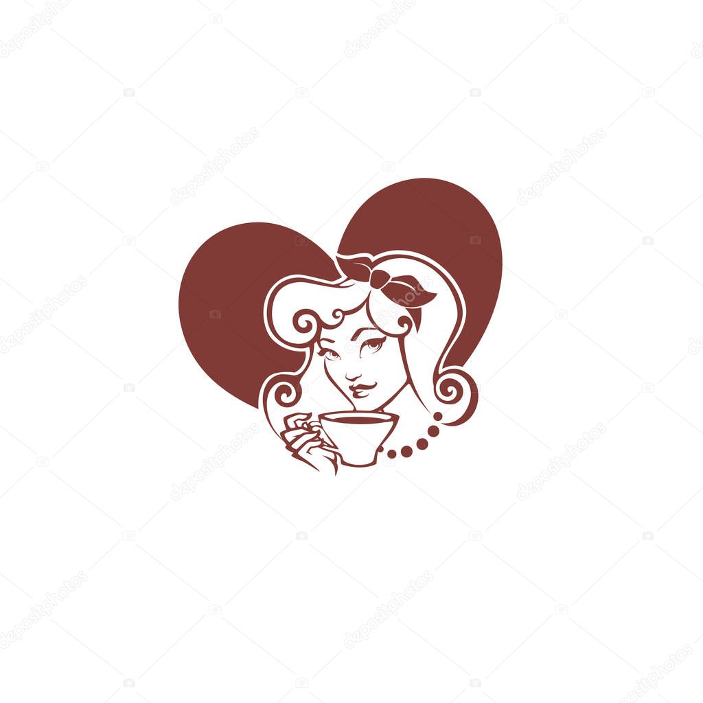 Beauty pinup woman with cup of tea or coffee, logo for restaurant, cafe or tea company