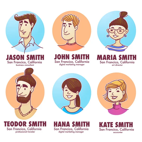 Jóvenes Profesionales Doodle Avatares Personas Para Red Social Vector Hombres — Vector de stock