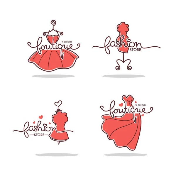 ベクトルのファッション ブティックのセット 店のロゴ ラベル 落書き線アート ドレスやレタリング組成とエンブレム — ストックベクタ
