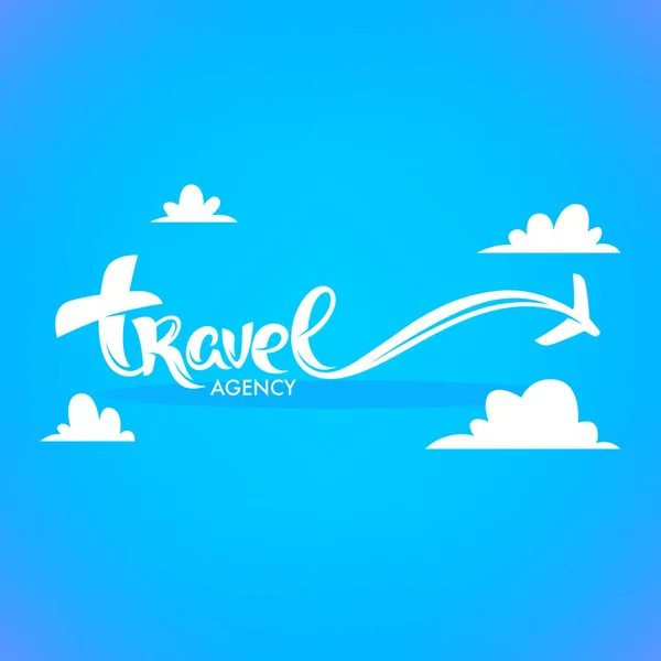 Agência Viagens Lettering Logo Com Nuvens Brancas Planície Fundo Azul — Vetor de Stock