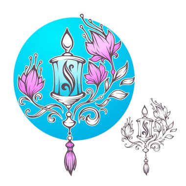 Büyülü fener, Boho chic romantik kompozisyon, el baskı veya dekor için çizilmiş vektör