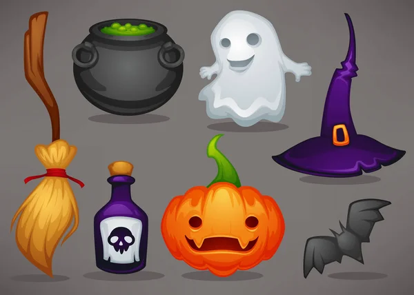 Schattige Cartoon Halloween Spel Iconen Objecten Voor Mobiele Spel — Stockvector