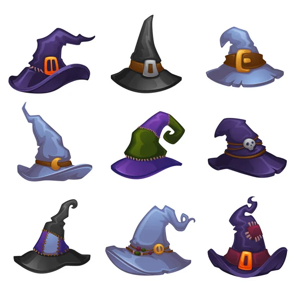 Colección Vectorial Sombreros Bruja Dibujos Animados Para Diseño Halloween — Vector de stock