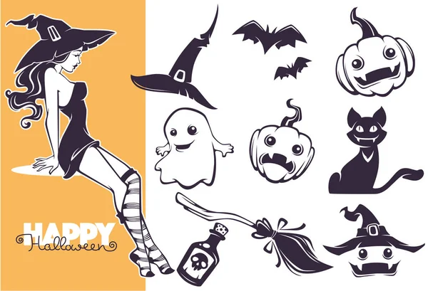 Happy Halloween Line Art Objects Collection Your Greeting Design — Stock Vector