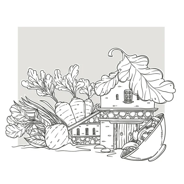 Vegan Будинок Прекрасний Будинок Мультфільму Зроблені Моркви Корінь Салат Зеленої — стоковий вектор