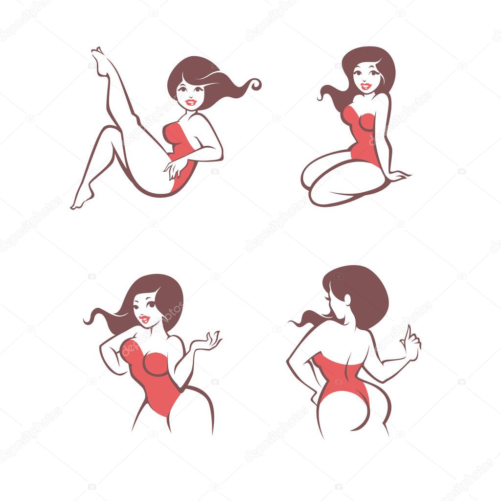Vector set of plus size  pinup girls for your  logo cartoon collection