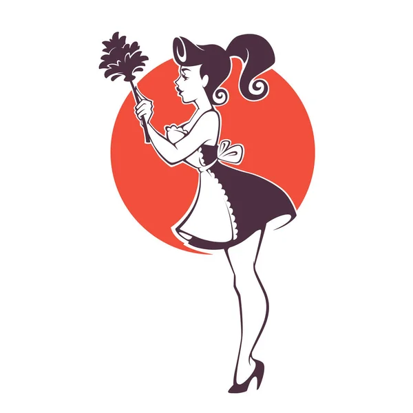 Ретро Сексуальный Пинап Горничная Чистка Эмблема Логотип Этикетка — стоковый вектор