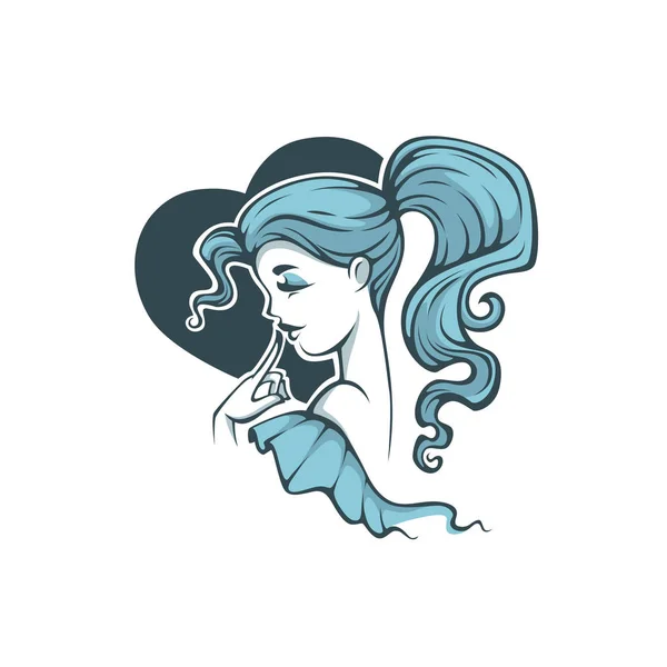可爱的卡通女孩与蓝色的头发 在心脏形状背景为您的标志 — 图库矢量图片