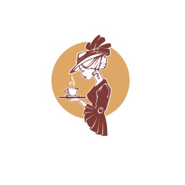 Victoria kadın portre, fincan çay, kahve ya da çikolata ile tutarak. Restoran, kafe veya çay şirketi için logo