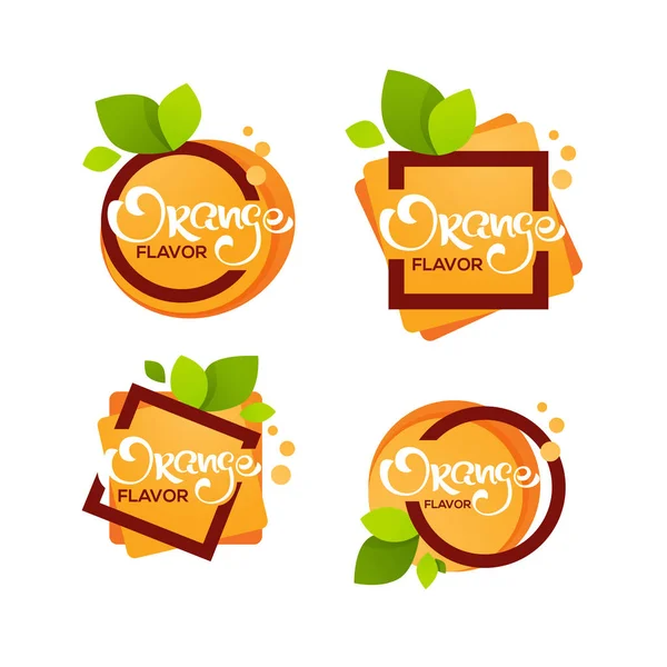 Heldere Sticker Embleem Logo Voor Oranje Citrusvruchten Vers Sap Smaak — Stockvector
