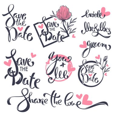 Gelin, damat, tarih, davet ve düğün kartları düğün hat yazı vektör toplama Kaydet