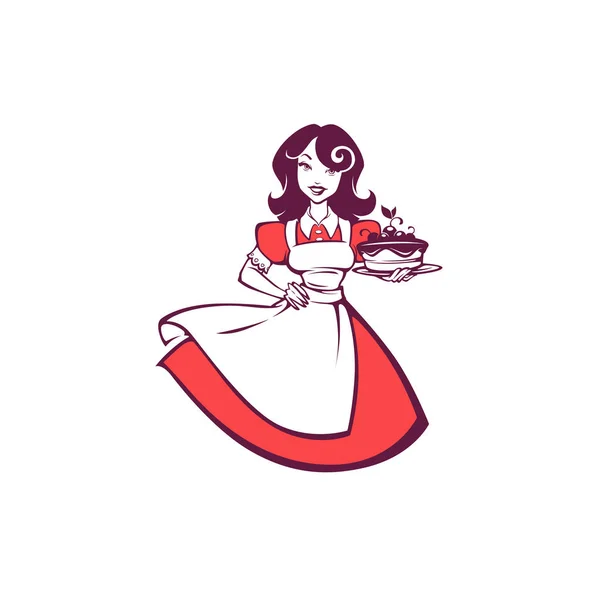 Красота ретро-пинап мультфильм девушка держит вкусный вкусный торт , — стоковый вектор