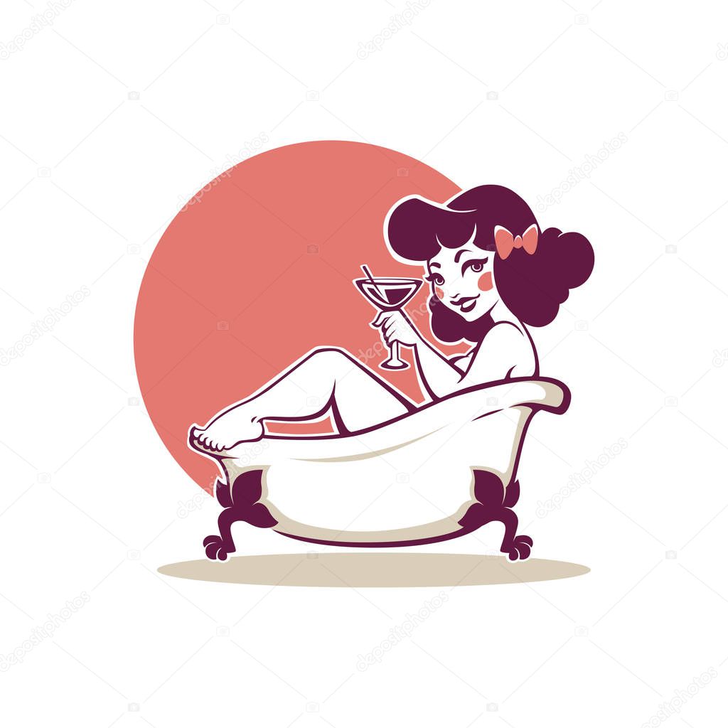 Beauty in the Bath, Cute Cartoon Pinup Girl, Taking Bath and Dri