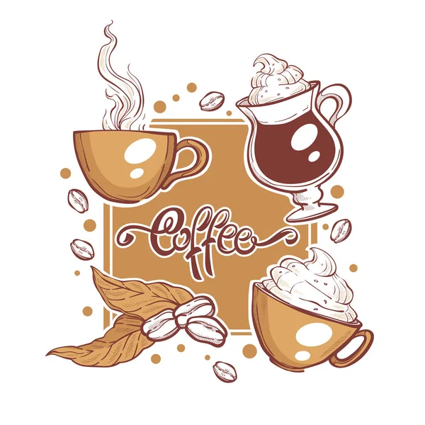 Illustration vectorielle avec des images de tasses à café et haricots, handdr — Image vectorielle
