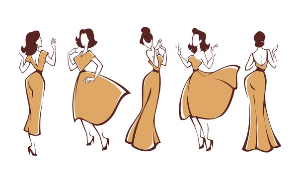 Chicas de nuevo aspecto, colección de vectores de las niñas en vestido de estilo retro — Vector de stock