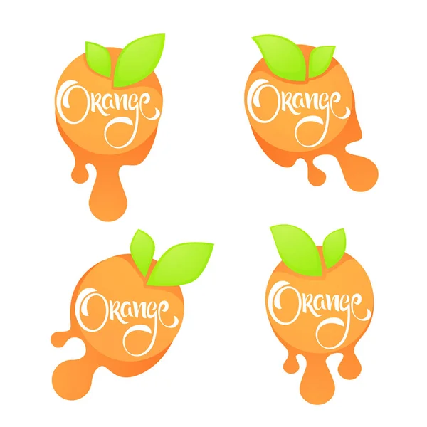 Adesivo brilhante, emblema e logotipo para frutas cítricas laranja fresco —  Vetores de Stock