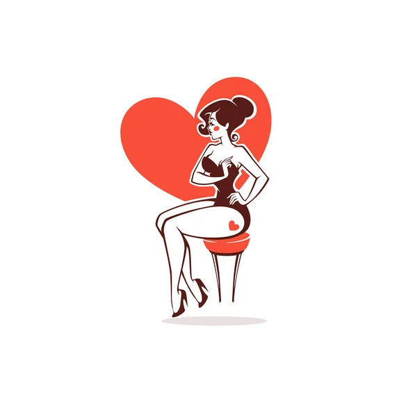 Сексуальна дівчина на фоні форми серця для вас логотип, ярлик , — стоковий вектор