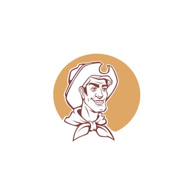 Logo, etiket, amblem için mutlu kovboy portresi