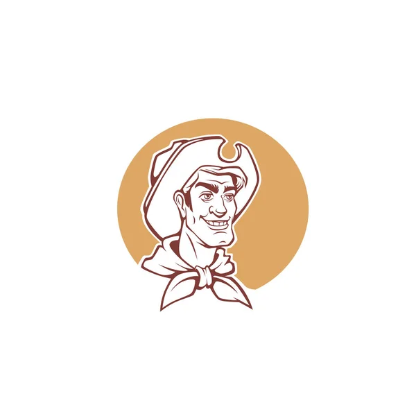 ロゴ、ラベル、エンブレムのための幸せな漫画カウボーイの肖像画 — ストックベクタ