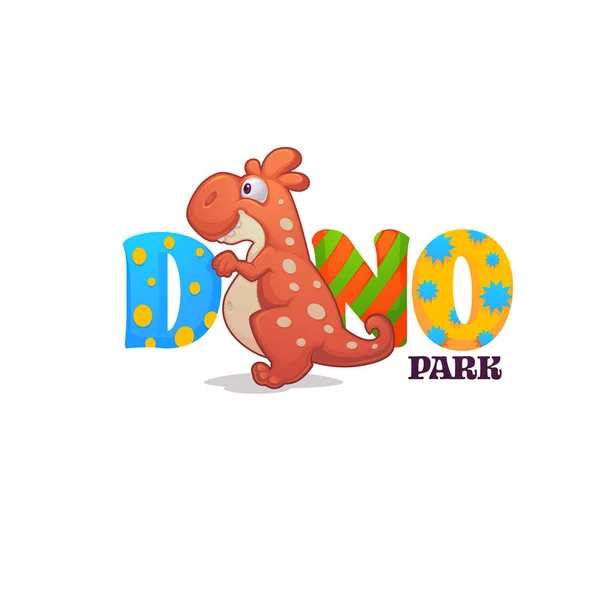 Dessin animé drôle bébé dinosaure et lettrage lumineux, pour votre dino — Image vectorielle