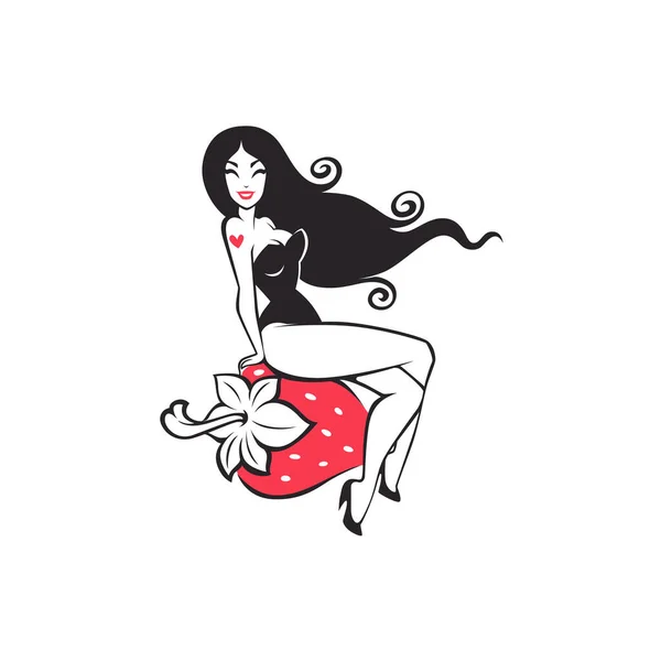 Chica Fresa Encantadora Dama Pinup Sentado Fresa Roja — Archivo Imágenes Vectoriales