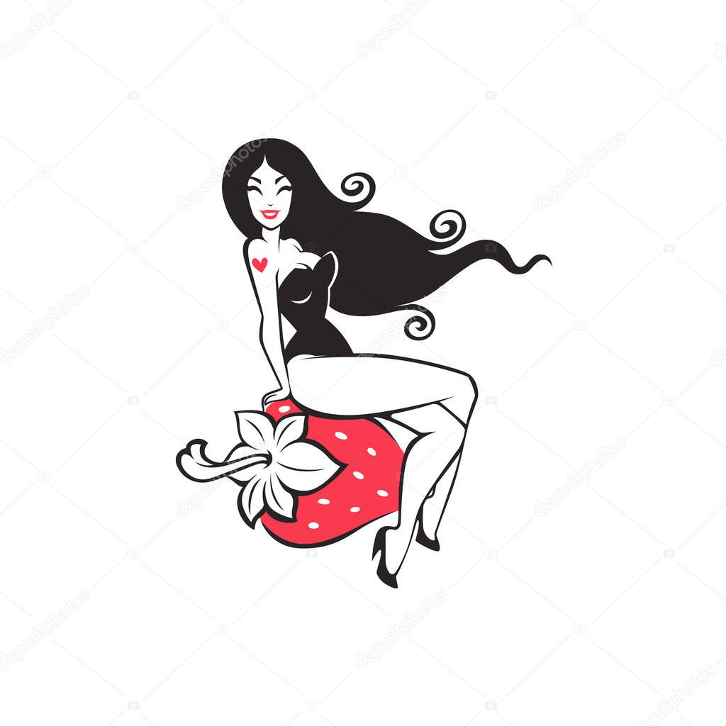strawberry girl, lovely pinup lady sitting on red strawberry berry