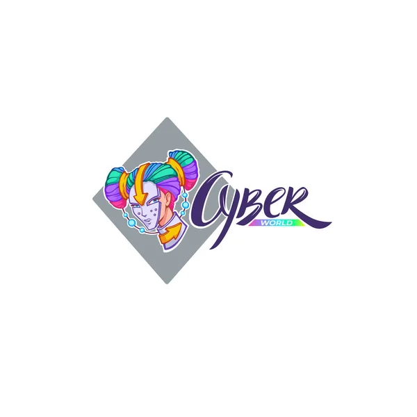 Mundo Cibernético Vector Logo Cyberpunk Con Retrato Chica Composición Letras — Archivo Imágenes Vectoriales