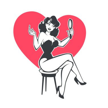 pinup beauty girl, holding a mirror, sitting on heart shape background clipart