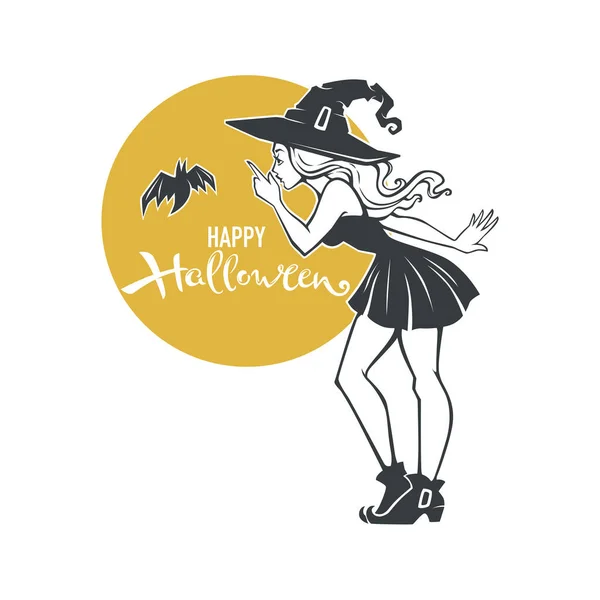 Pinup Häxa Och Fladdermus Vektor Halloween Illustration Och Bokstäver Sammansättning — Stock vektor