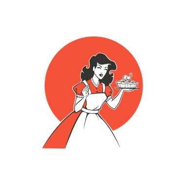 Güzellik retro çizgi film kızı lezzetli bir pasta tutuyor, logo, etiket, amblem için.